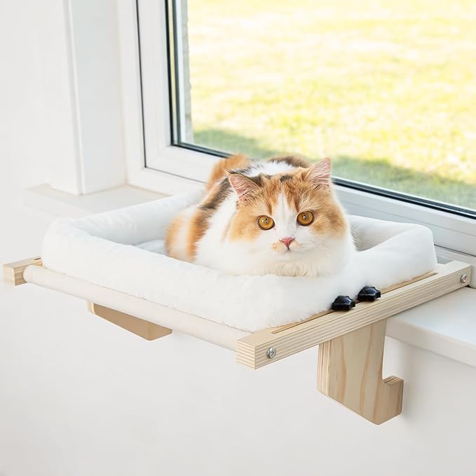 Cat Sill Window Perch - 100% Natural Pine Frame, Soft Rabbit Fur Cushion, Tool-Free Adjustment, Supports 40 lbs (Medium-White)