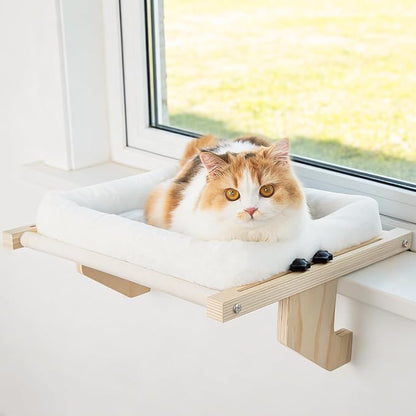 Cat Sill Window Perch - 100% Natural Pine Frame, Soft Rabbit Fur Cushion, Tool-Free Adjustment, Supports 40 lbs (Medium-White)