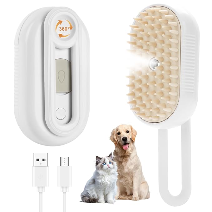 Cat Steam Brush for Shedding, 4 in 1 Rechargeable Steam pet Brush for Indoor Cats and Dogs, Massage, Anti-Static, Cleaning, Shedding & Combing All In One! (White)