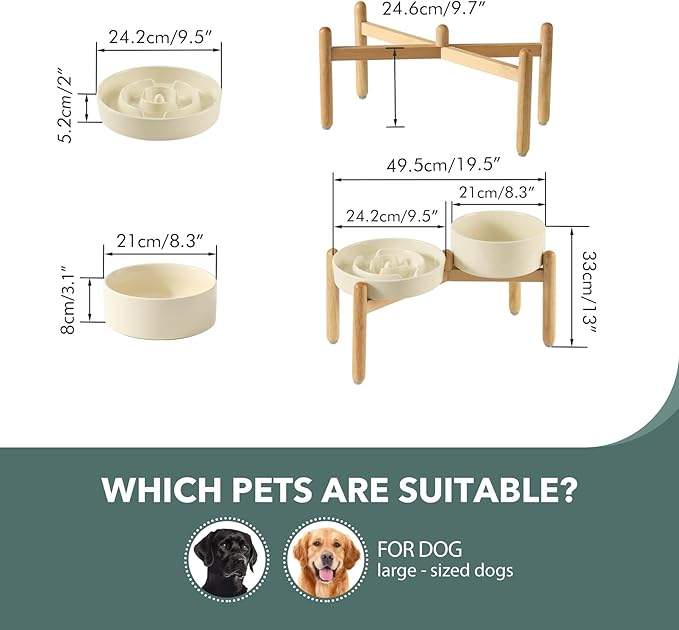 3.2 Cup Ceramic Raised Slow Feeder Dog Bowl Set, Elevated 8.2inch Bowl and 9.5inch Puzzle Slow Food Dish with Wooden Stand for Large Dog, Anti-Gulping (2 xLight Yellow+ Stand)