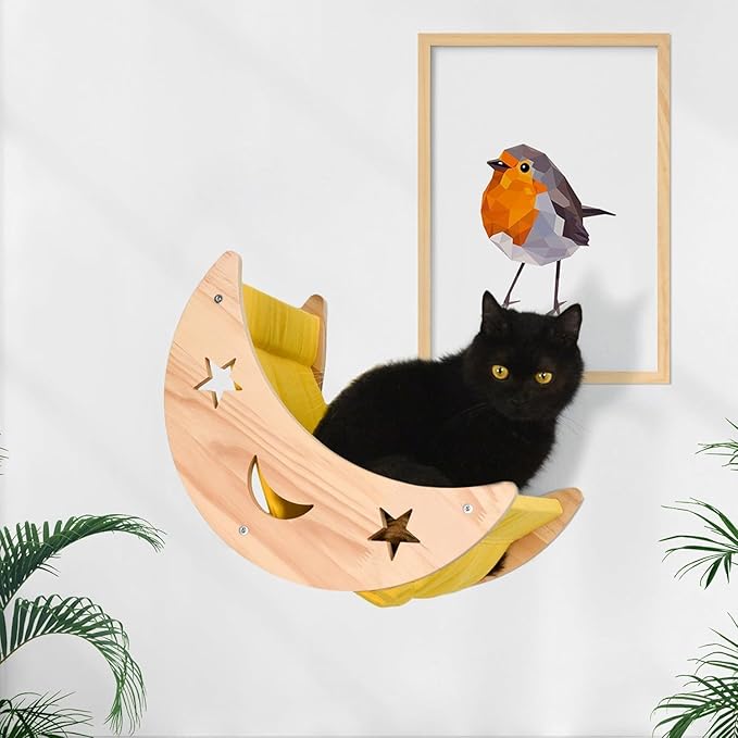 Cat Hammock Moon Bed Wall Mounted Shelf Hammock Shelves and Perches Solid Wood Furniture Platforms Beds Hanging for Cats and Kitty Easy Installation-Single Moon