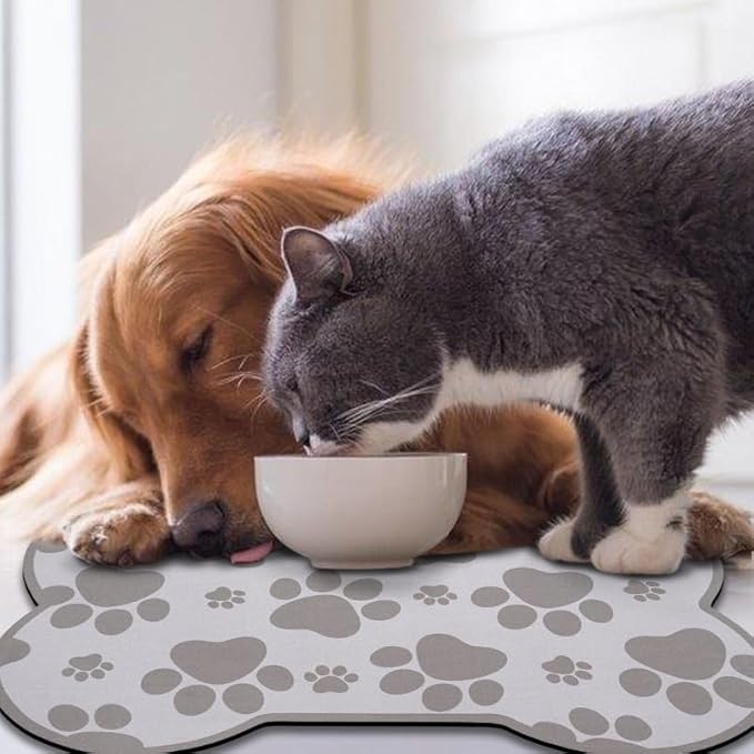 Dog Food Mats for Floors Waterproof, Pet Feeding Absorbent Water Bowl Mat Cat Placemats Gray Bone Shape 23.6 * 15.7 inch