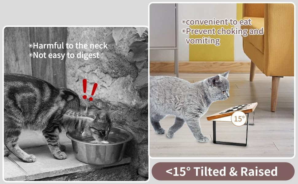 Elevated Cat Bowls, Raised Cat Food Bowls, 15°Tilted Stainless Steel Cat Bowls for Indoor Cats, Anti Vomit, Bamboo, Stand with 3 Feeder Bowls for Cats and Puppy - Image 3