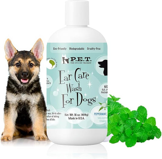 P.E.T. Ear Care Wash for Dogs & Cats — 0% Alcohol & Fragrance-Free Formula — Loosens Wax, Removes Debris, Neutralizes Odor & Soothes with Aloe & Oat — No-Rinse, Vet-Style Application — 16 oz