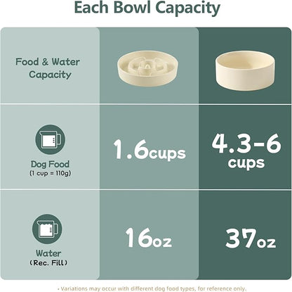 Ceramic Raised Slow Feeder Dog Bowl Set, Elevated 7.3inch Bowl and 8.2inch Puzzle Slow Dish with Wooden Stand for Medium and Large Dog, Anti-Gulping (2X Light Yellow+ Stand)