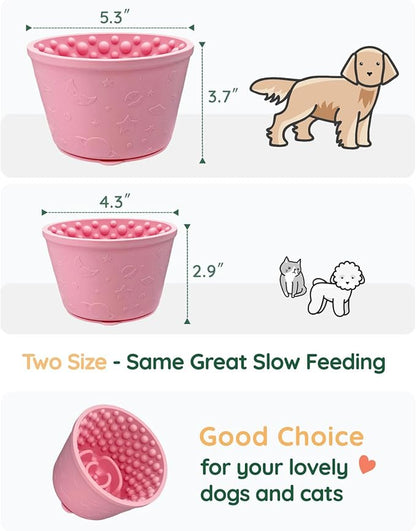 2-in-1 Licking Toy & Silicone Slow Feeder Bowls with Suction Cup - Non-Slip Mat for Bored Small Breed Dogs, Anxiety Relief, Anti-Choking (4.3" x 2.9", Pink)