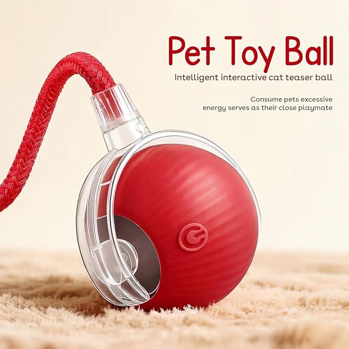 Interactive Cat Toy Ball, Automatic Intercative Cat Toys for Indoor Cats, The 3rd Generation Agile Moving Cat Ball with Elastic Mesh Tail, Toys for Indoor Adult Cats (Red)