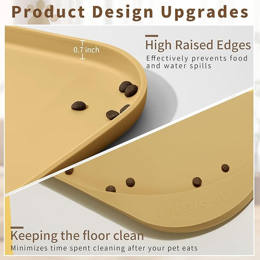Silicone Pet Food Mat with Raised Edge for Food and Water Bowl, Dog Feeding Mats, Cat Food Trays for Floor Waterproof, Rubber Tray for Dogs and Cats, 19 x 12 x 0.7 Beige
