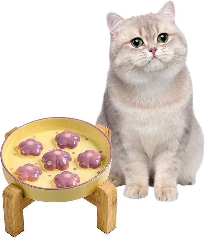 Elevated Slow Feeder Cat Bowl - Maze Puzzle Cat Food Dish with Bamboo Stand, Anti-Slip - Raised Base for Comfortable Eating - 6 OZ - Light Purple Flower