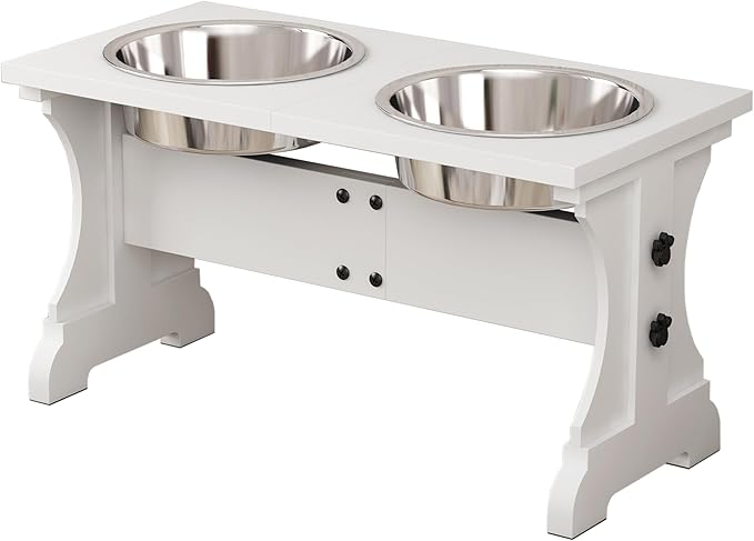 Piskyet Elevated Dog Bowls,Farmhouse Dog Bowls Stand, Raised Dog Bowl with 2 Stainless Steel Wooden Dog Bowls,7 Cups 11''H_55 oz Bowl-White, GWJ-01