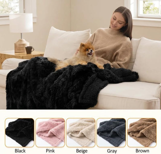 Waterproof Dog Blanket Pet Throw Blankets Fluffy Long Faux Fur Reversible Puppy Blankets 85x57in Furniture Protector Cover for Sofa Bed Couch Bed Cover Washable for Dogs Cats (Black XL) - Image 2