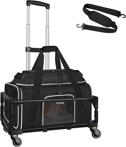 Petskd Top-Expandable Small Pet Carrier with Wheels (17" L x 11" W x 9.5" H), Alaska Airlines Approved, Rolling Pet Carrier for Small Dogs & Cats (Black)