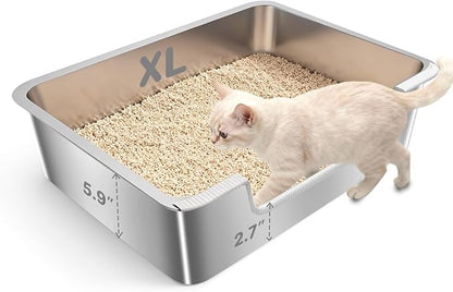 Low Entry Litter Box for Senior Kittens Disabled Cats - Stainless Steel High Sided Enclosed Easy Step in Entry - Large Metal Kitty Litter Box Easy to Clean(23.6”x15.7”x5.9”)