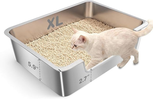 Low Entry Litter Box for Senior Kittens Disabled Cats - Stainless Steel High Sided Enclosed Easy Step in Entry - Large Metal Kitty Litter Box Easy to Clean(23.6”x15.7”x5.9”)