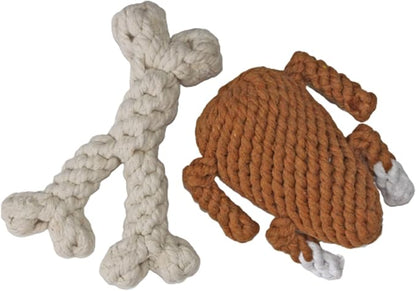 Midlee Thanksgiving Meal Rope Dog Toy Set - Turkey Leg & Wishbone