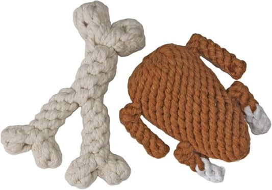 Midlee Thanksgiving Meal Rope Dog Toy Set - Turkey Leg & Wishbone