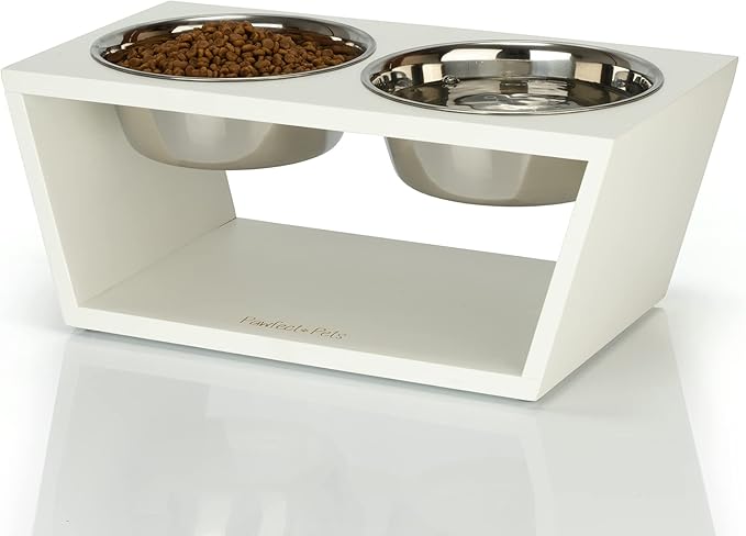 Pawfect Pets Elevated Dog Bowl Stand- 7" Raised Dog Bowl for Medium Dogs. Pet Feeder with Four Stainless Steel Bowls (White)