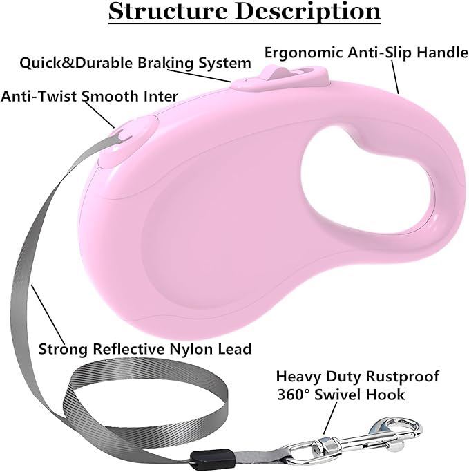 Retractable Dog Leash, 16Ft/5M Light Weight Retractable Leash for Small Medium Dogs/Cats Up to 50lbs, Strong Nylon Tape 360° Tangle-Free One-Hand Brake (Pink)