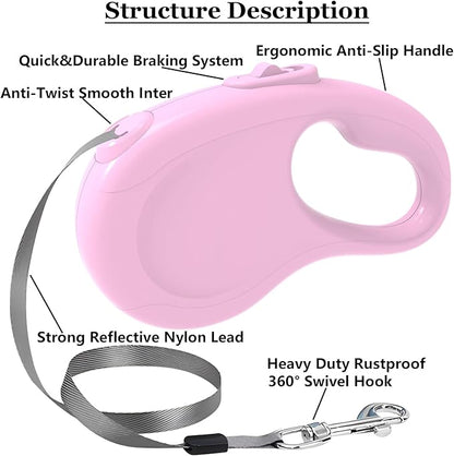 Retractable Dog Leash, 16Ft/5M Light Weight Retractable Leash for Small Medium Dogs/Cats Up to 50lbs, Strong Nylon Tape 360° Tangle-Free One-Hand Brake (Pink)