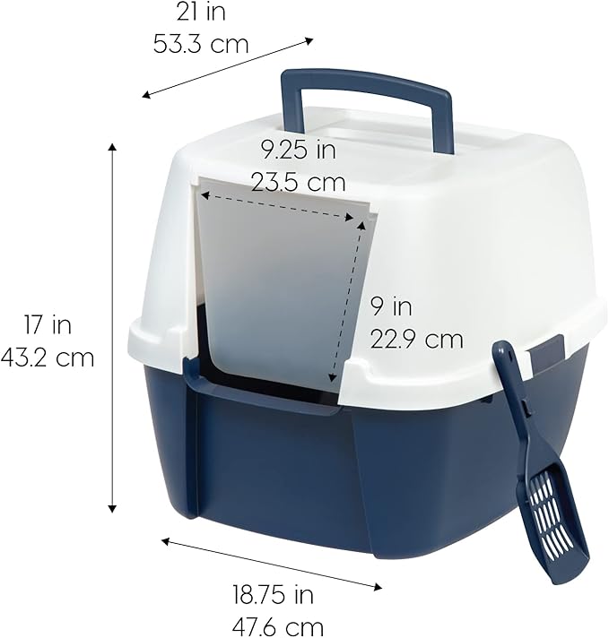 IRIS USA Large Cat Litter Box with Front Door Flap, Covered Enclosed Litter Box Enclosure with Scoop, Handle & Buckles for Portability & Privacy, Hidden Litter Pan, Navy/White