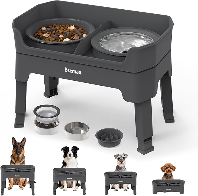 4 in 1 Adjustable Elevated Dog Bowls with 2*Stainless Steel Bowls, Anti-Spill Water Bowl, 4 Heights Raised Dog Bowl Stand for Small to Medium & Growing Large Puppies, Anti-Slip, Mess Proof Design