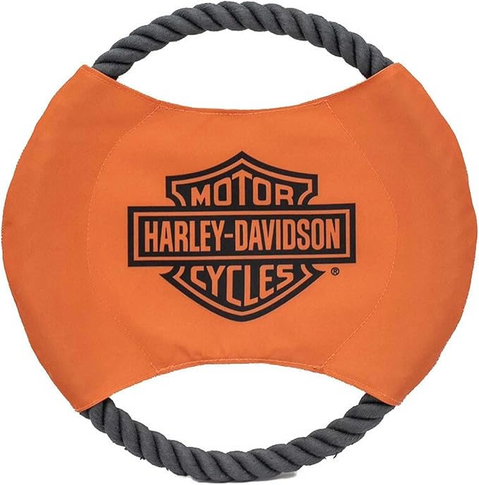 Harley-Davidson Bar & Shield Rope Disc Dog Toy – Size Large, Orange & Black