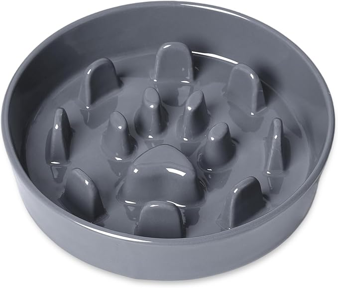 Dog Slow Feeder Bowl, Round Ceramic Pet Food Bowl for Medium Breed, Fun Raised Dog Bowls to Slow Down Eating (Grey)