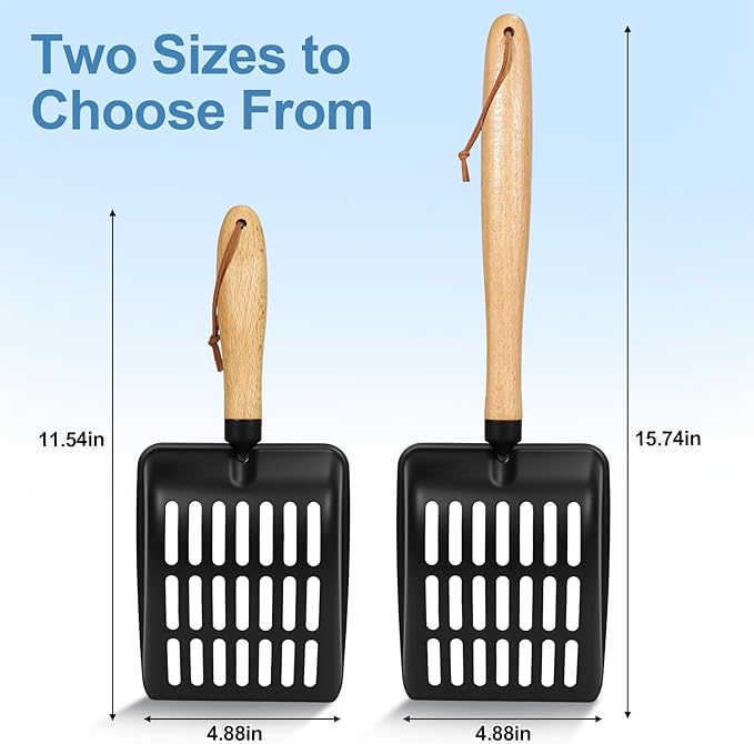 Cat Litter Scoop, Metal Litter Scoop, Heavy Duty Metal Cat Scooper for Litter Box, Black Sifter Scoop for Pellets, Wooden Handle Scoop with Hole, Kitty Necessity (Short)
