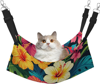 Hawaiian Colorful Flower Print Cat Hammock with Adjustable Straps, Pet Cage Hanging Bed for Cats,Ferret,Puppy,Small Animals