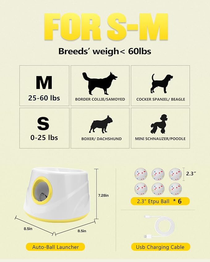 Automatic Ball Launcher for Dogs, Dog Ball Thrower Launcher - 2.3" Dog Balls* 6Pack (Yellow)