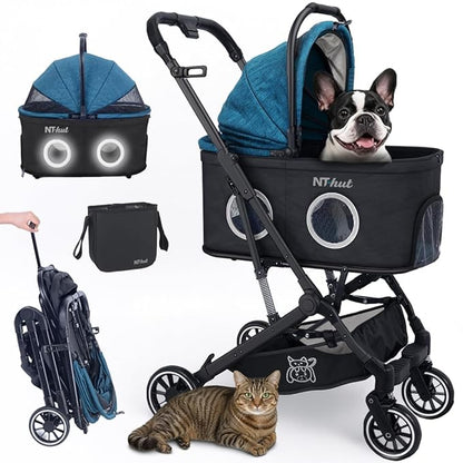 NT Hut WagZee Dog Stroller for Small & Medium Dogs & Cats, Foldable Pet Stroller with 360 Mesh Windows, One-Click Fold, Storage Basket, Cup Holder, Black Teal