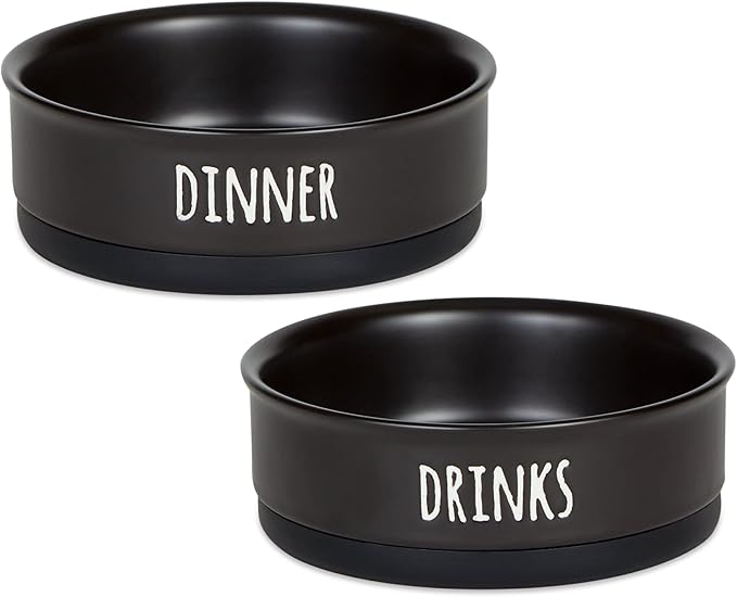 Bone Dry Ceramic Pet Bowls, Dishwasher & Microwave Safe, Non-Slip, Medium Set, 6x2, Black