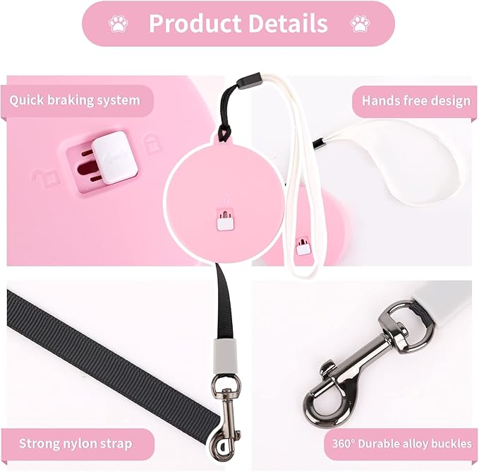 Retractable Dog Leash for Small and Medium Dogs up to 22lbs with 9.8ft Strong Nylon Tape, Hands Free, Portable and Lightweight Leash with Wrist Strap, One-Hand Brake, Tangle Free (Pink)