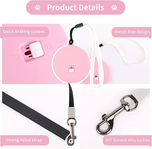 Retractable Dog Leash for Small and Medium Dogs up to 22lbs with 9.8ft Strong Nylon Tape, Hands Free, Portable and Lightweight Leash with Wrist Strap, One-Hand Brake, Tangle Free (Pink)