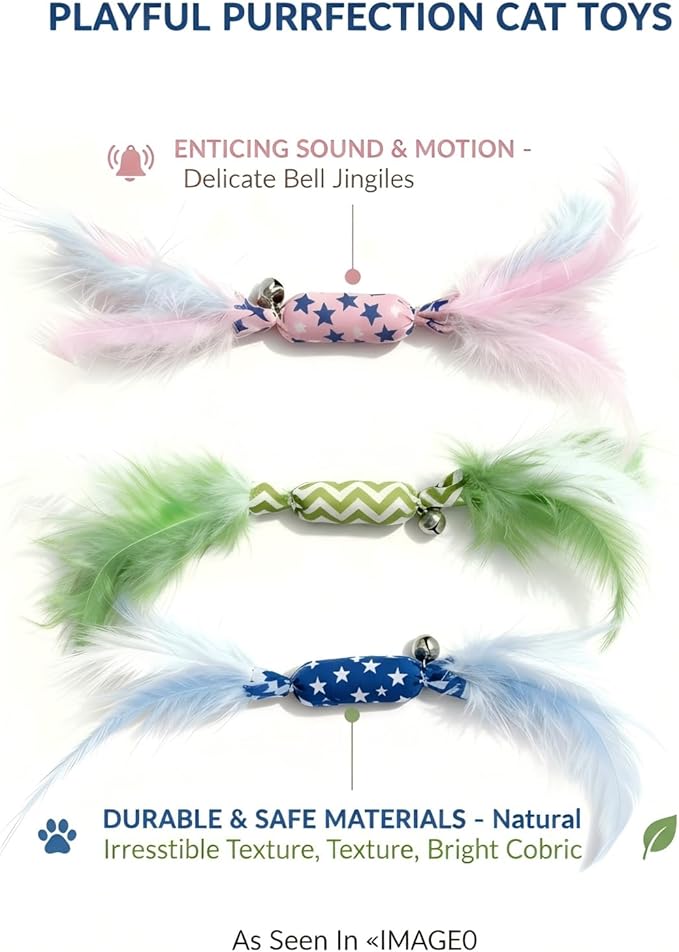 Catnip Toy Candy Shape with Bright Colors Feathers & Bell, Kicker Chew Toy for Indoor Cats, Enrichment Toys for Bored Kittens & Adult Cats, 3-Pack Crinkle Plush Toys for Teething and Play