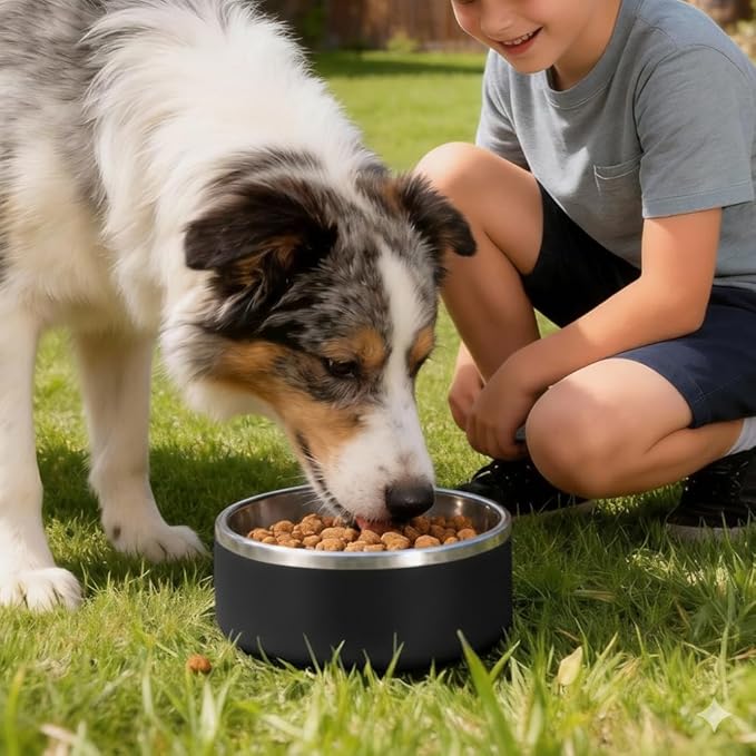 Dog Bowl, Stainless Steel Dog Bowls for Food and Water, Metal Pet Feeding Bowl with Insulated Non-Slip Quiet Bottom, Easy to Clean, Dishwasher Safe, 64oz,8 Cup | Black