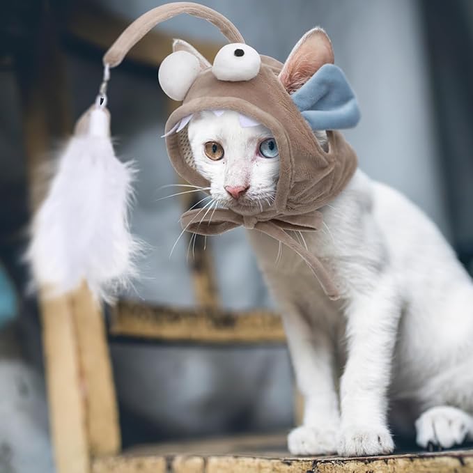 POPETPOP Pet Cat Teaser Toy, Cat Feather Toys Head Mounted Cat Headgear Interactive Cat Hat Feather Toy Self-Service Adjustable Size Cat Hat Toy 2Pcs