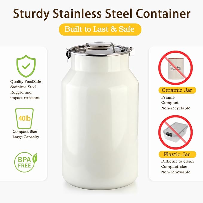 Dog-Cat Food Storage Container 40 lb/38 Qt, Large Stainless Steel Pet Food Bin with Airtight Lid & Scoop Included, Durable 304 Metal Storage for Dogs & Cats