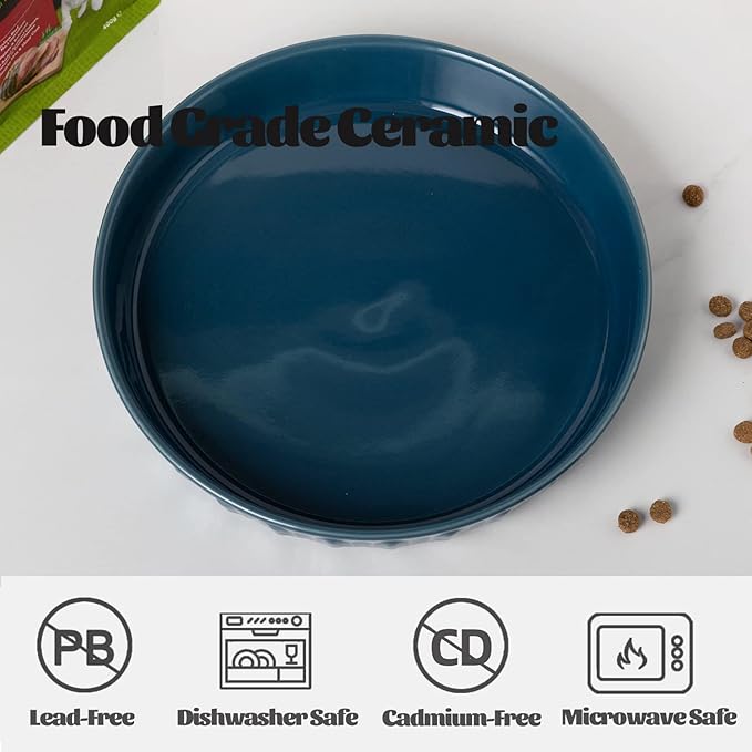 Fun Elements Shallow Dog Bowls, 10.5" Ceramic Large Food Plate for Small, Medium and Large Breeds, Non-Slip, Flat and Wide, Dishwasher Safe, Suitable for Dogs and Cats (Blue)