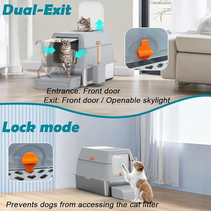 SZEE XL Stainless Steel Litter Box with Lid, Extra Large Metal Covered Litter Box, Stainless Box Easy Clean, Activated Charcoal Odor Control Design, Includes Litter Scoop & Mat & Step, Grey