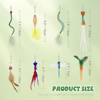 SONGWAY Cat Toy Wand Attachments - 8 Pieces Carrot Shrimp Mouse Fish Worm Dragonfly Cat Feather Toy Refills, Interactive Elastic Mesh Cat Toys for Indoor Cats Kittens