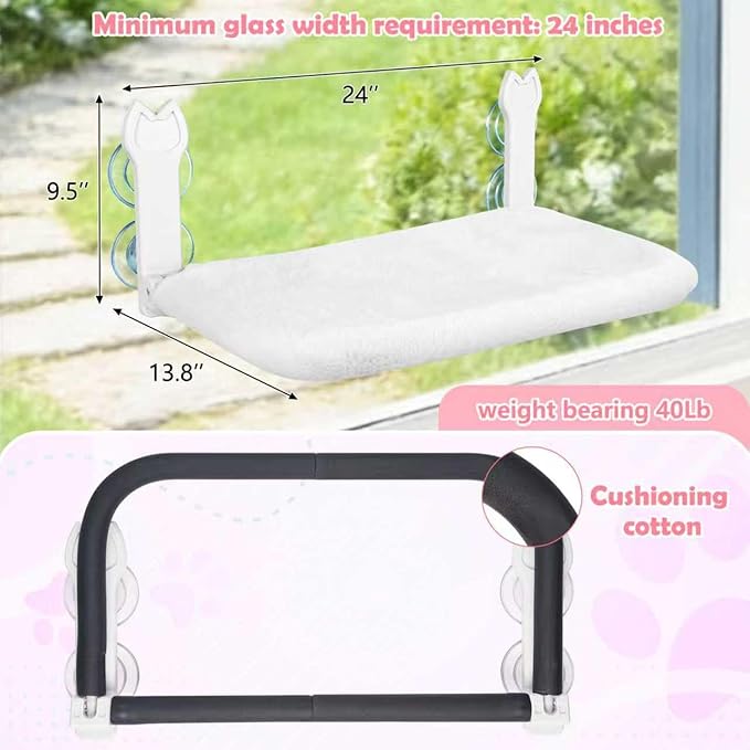 2 Pack Cat Window Perch,Cat Window Hammock Cordless Foldable Window Bed with 4 Large Strong Suction Cup,Reversible Cushion Cover,Metal Frame Easy to Adjust Window Seat Holds up to 40lbs(White