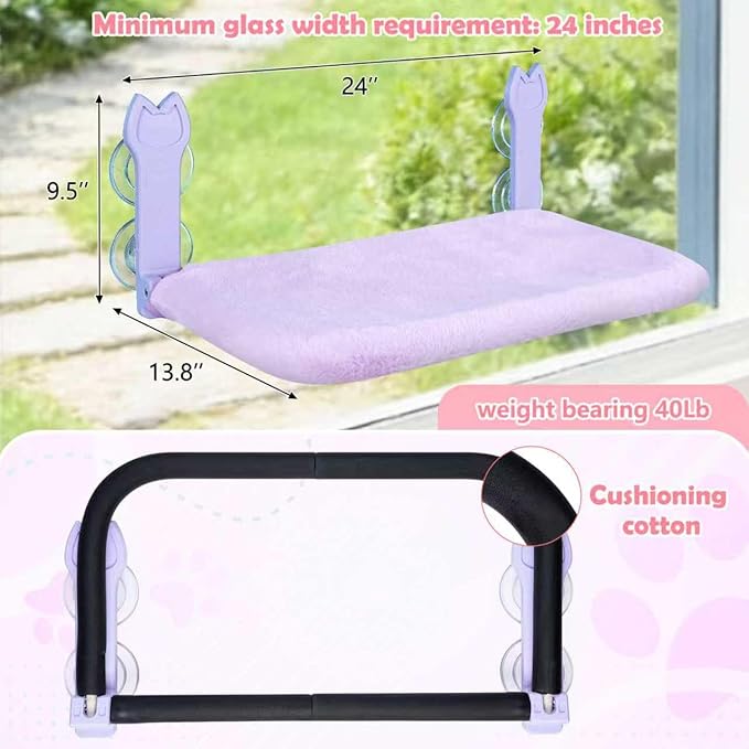 2 Pack Cat Window Perch,Cat Window Hammock Cordless Foldable Window Bed with 4 Large Strong Suction Cup,Reversible Cushion Cover,Metal Frame Easy to Adjust Window Seat Holds up to 40lbs(Purple)