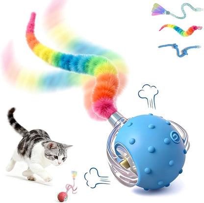 Interactive Cat Toys for Indoor Cats with 3 Interchangeable Tails - Automatic Moving & Chirping Ball, Self Play Toy for Playful Kittens & Bored Cats Home Alone (Blue)
