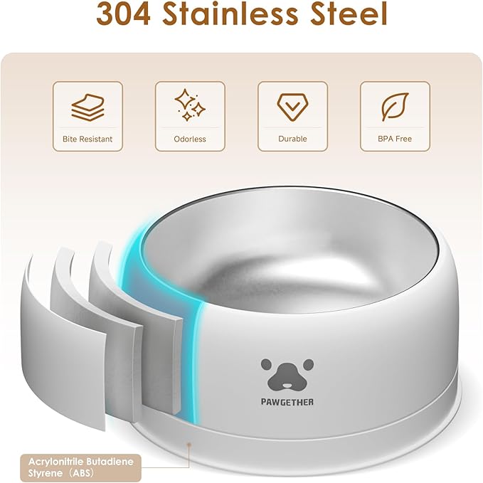 PAWGETHER® Stainless Steel Dog Bowls, Dog Food and Water Bowl Non-Slip Easy to Clean Dishwasher Safe for Puppy Small Medium Dogs Cats White 34oz