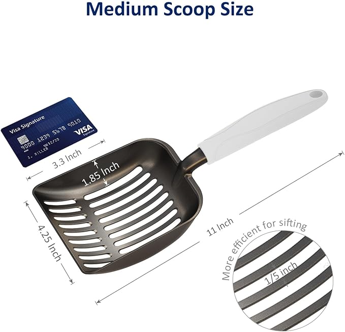 WePet Cat Litter Scoop, Non-Stick Plated Aluminum Alloy Sifter, Kitty Durable Metal Scooper, Deep Shovel, Long Handle, Kitten Pooper Lifter, Size Medium, Coated Black Body with Grey Handle