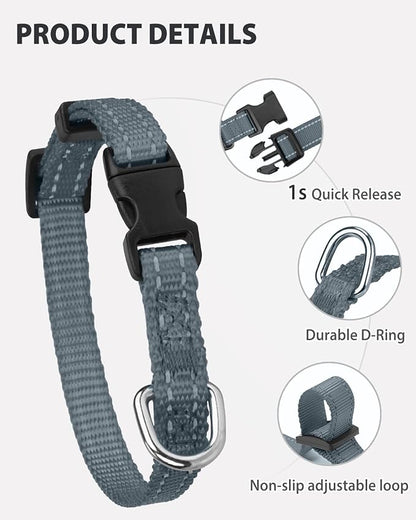 Joytale Puppy Collar, Feather-Light Double-Sided Reflective Nylon Collar for Night Safety, Adjustable Quick-Release for Extra Small Dogs, Gray, XS (3/8" Width)