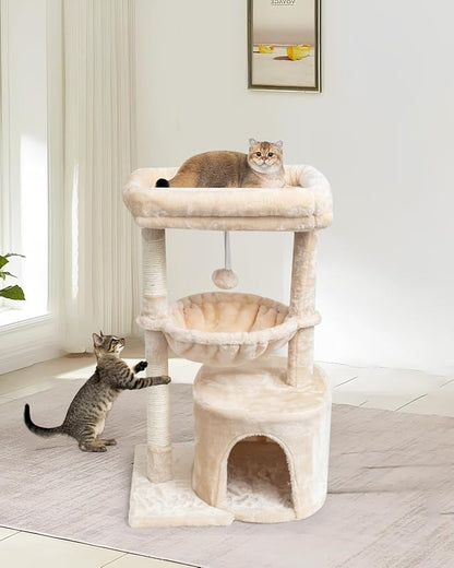 SYANDLVY Small Cat Tree for Indoor Cats, Kittens Condo with Scratching Post and Board, Modern Activity Tower with Cradle, Beige