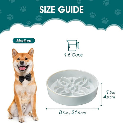vancasso Ceramic Slow Feeder Dog Bowls, Puzzle Dog Food Bowls with Floral Maze, Anti -Slip Pet Food Dish for Medium Breed, 1.5 Cups, Grayish Cyan