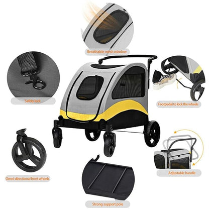 XL Extra Large Dog Stroller, All-Terrain 4 Wheel for 2 Medium Dogs, One-Click Foldable, Adjustable Handles, Dual Entry Safety Dog Stroller, Capacity 88lbs (Gray-Yellow)